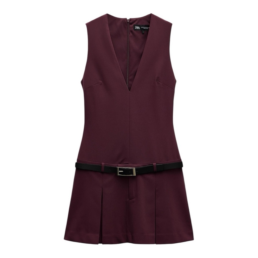 🍷 ZARA Belted Box Pleat Mini Dress | Size L | Burgundy New